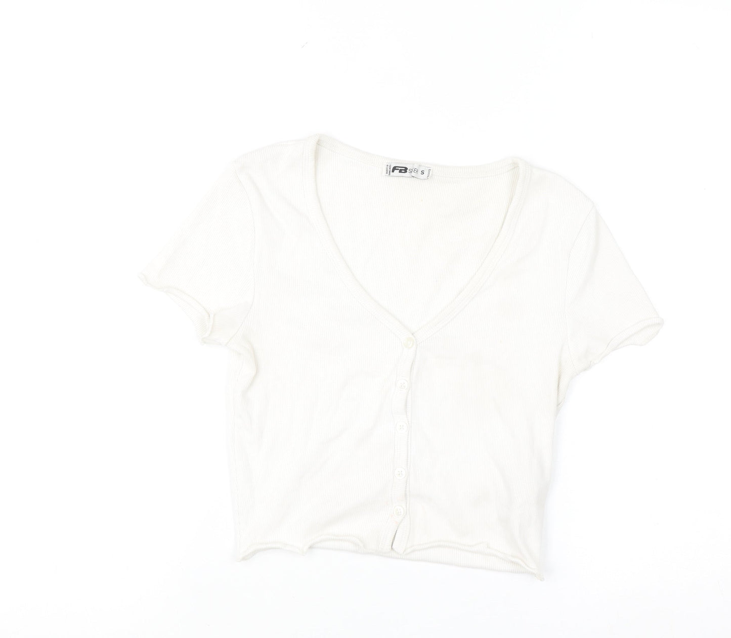 FB Sister Women's White Cropped Button-Up Ribbed Top Size S