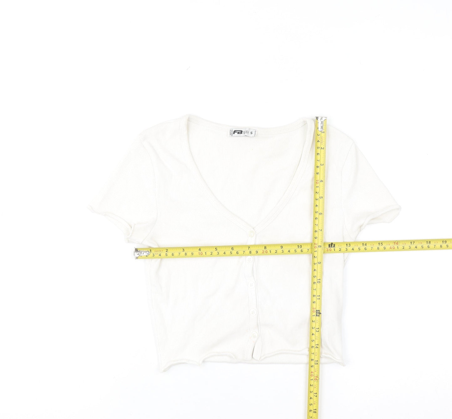 FB Sister Women's White Cropped Button-Up Ribbed Top Size S