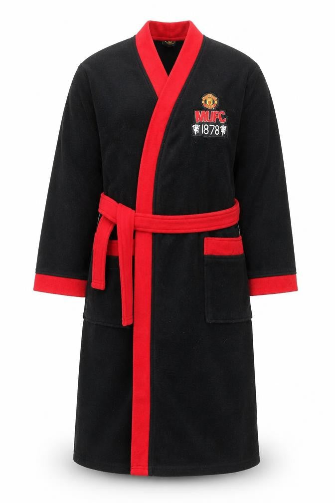 Front view of Manchester United boys’ black red fleece robe 11-12 years sports nightwear