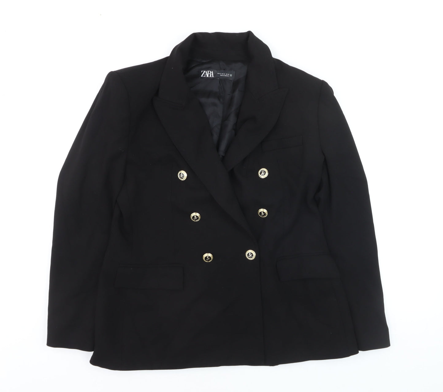 ZARA Women Black Double-Breasted Blazer Size 14 with Gold Buttons