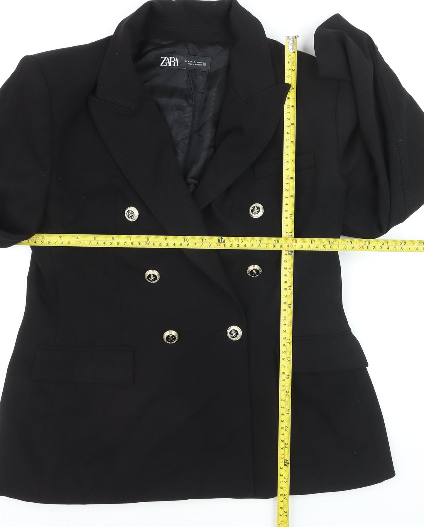 ZARA Women Black Double-Breasted Blazer Size 14 with Gold Buttons