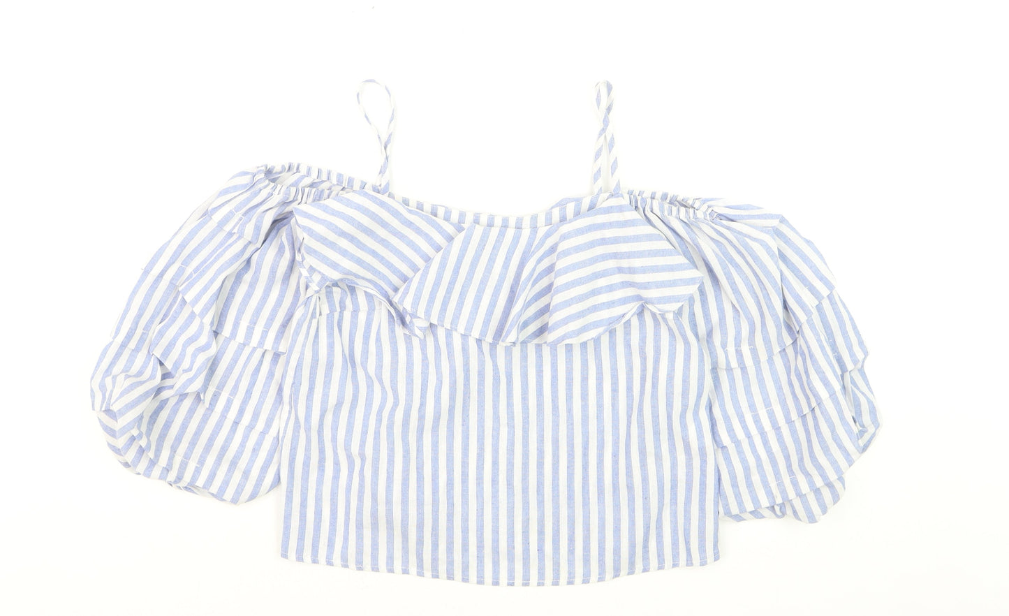 New Look Petite Blue Stripe Off Shoulder Ruffle Blouse Size 10
