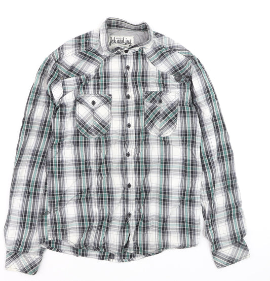 Jack & Jones Men's Green Checked Cotton Long Sleeve Casual Shirt L