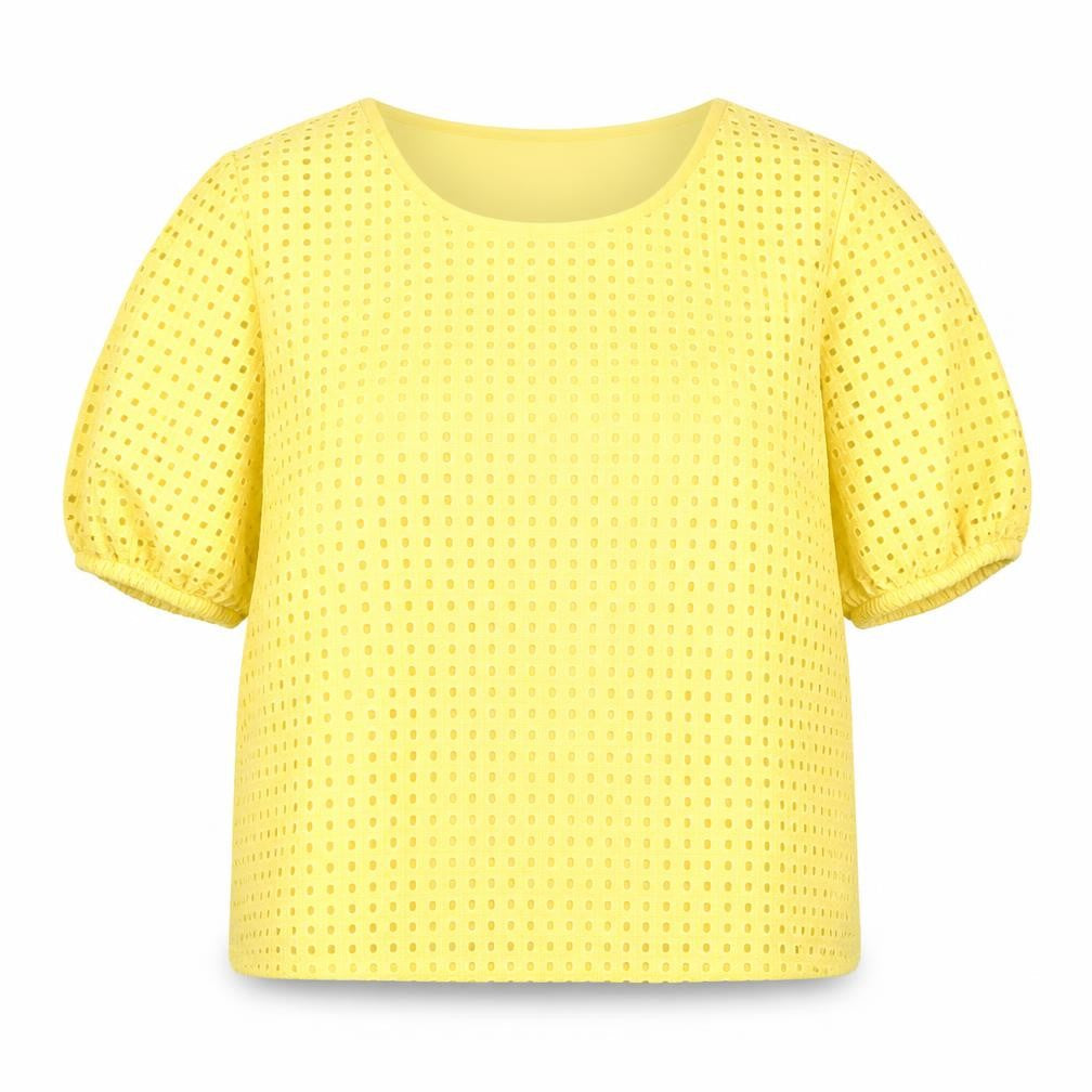 Max Womens Yellow Cotton Blouse Size 10 Short Sleeve Eyelet Top