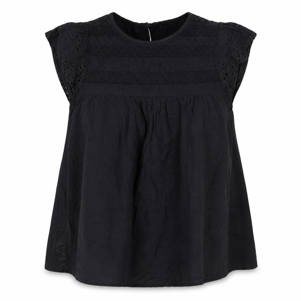 Front view of Dunnes Women Black Cotton Lace Detail Short Sleeve Blouse XS