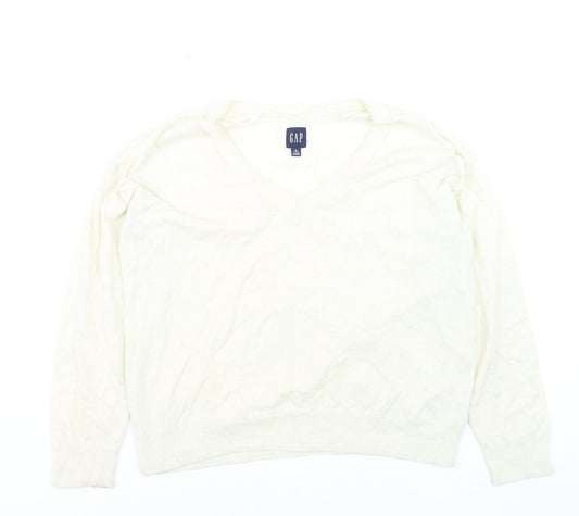 GAP Women Ivory V-Neck Linen Blend Pullover Jumper Size M