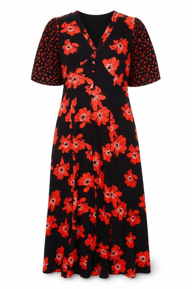 Front view of Gallery Women’s Black Red Floral Midi Fit & Flare Dress UK 8