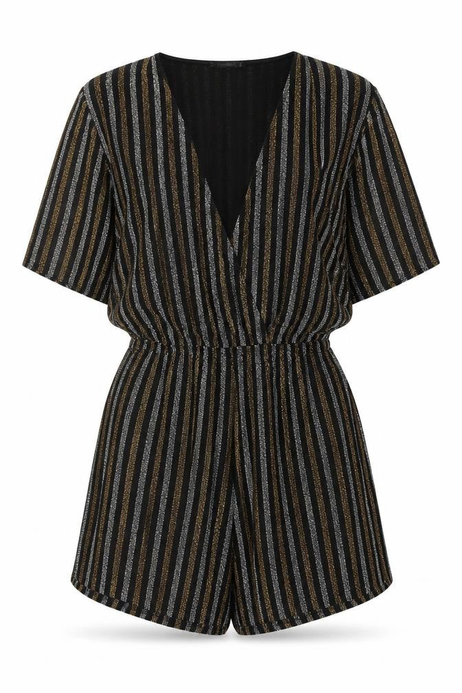 Pull&Bear Women Black Gold Striped Playsuit Size 12 Metallic Short Sleeve