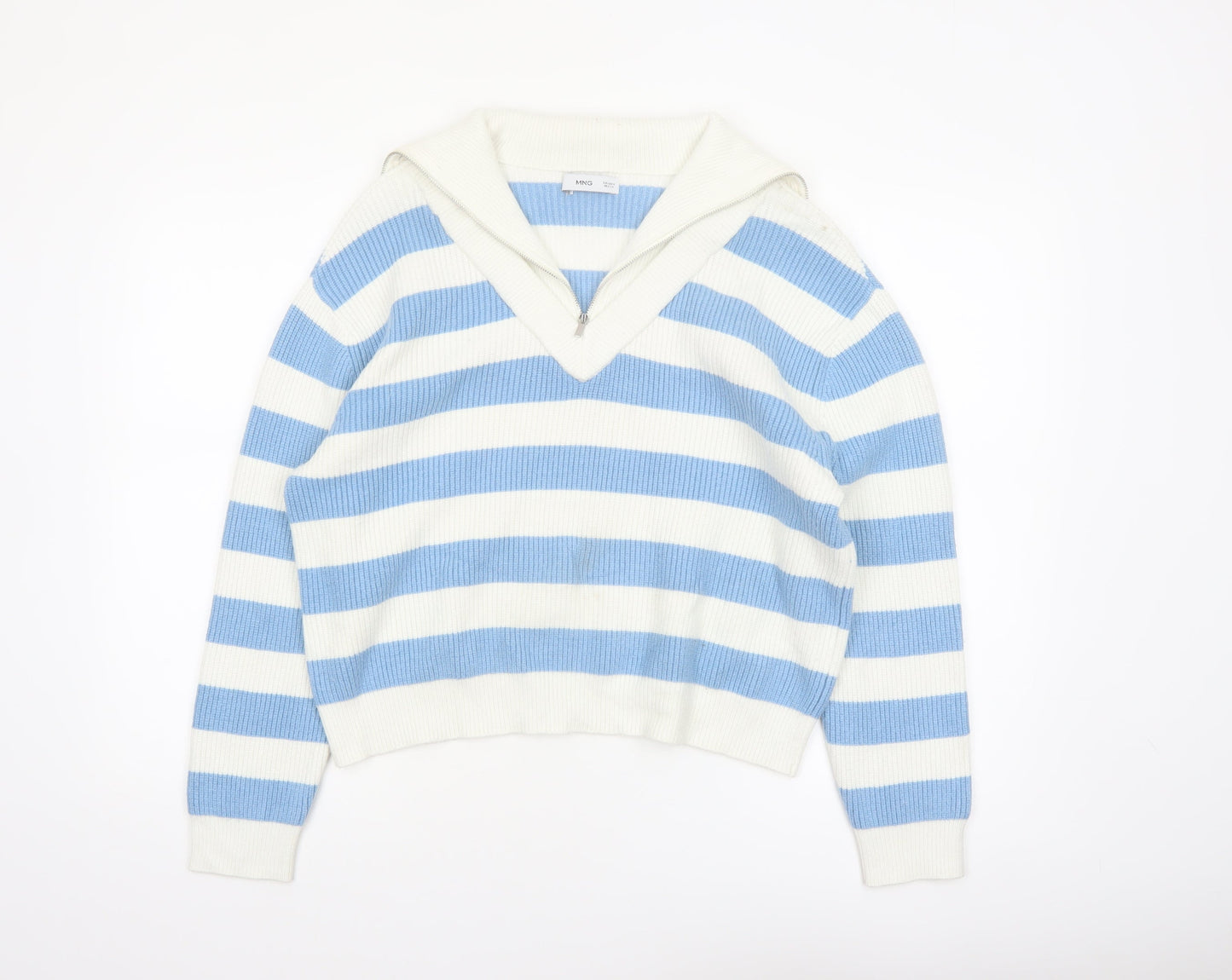 MNG Women’s Blue White Striped V-Neck Pullover Jumper Size S