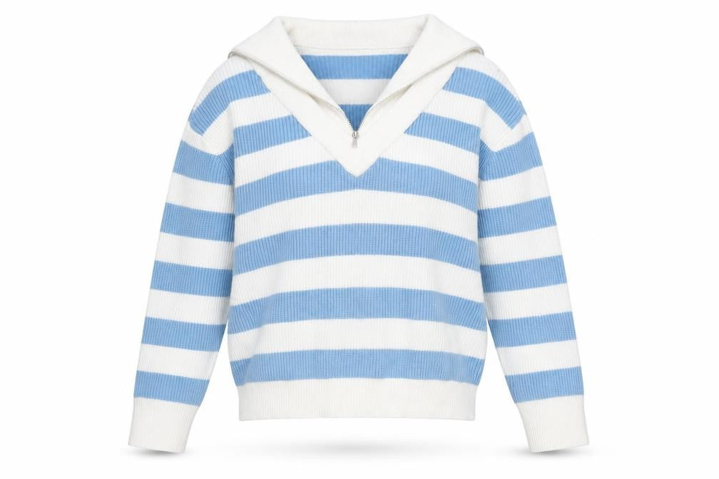 Mango Women’s Blue White Striped V-Neck Pullover Jumper Size S