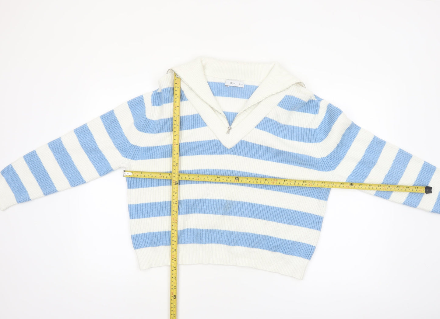 MNG Women’s Blue White Striped V-Neck Pullover Jumper Size S