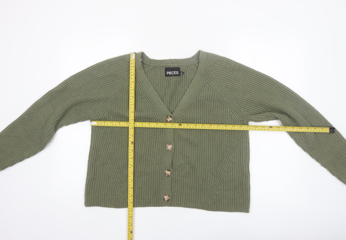 Pieces Womens Green Ribbed V-Neck Cardigan Size L