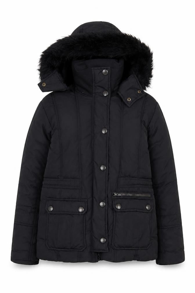St Bernard Women’s Black Hooded Puffer Jacket Size 8 Faux Fur Trim