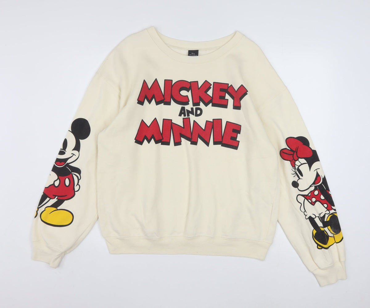 Front view of Disney girls’ beige mickey and minnie sweatshirt l 11-13 years pullover