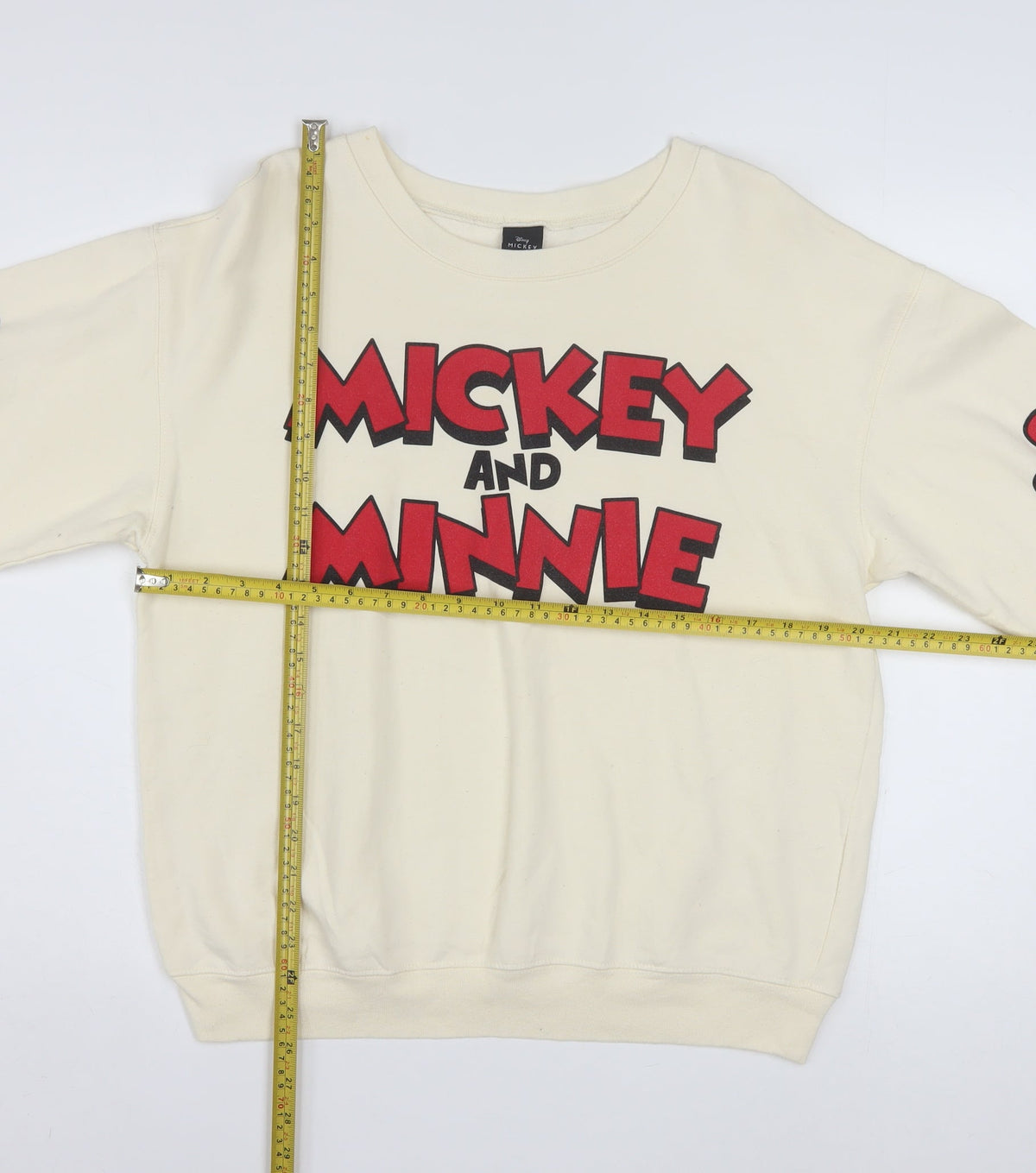Back view of Disney girls’ beige mickey and minnie sweatshirt l 11-13 years pullover