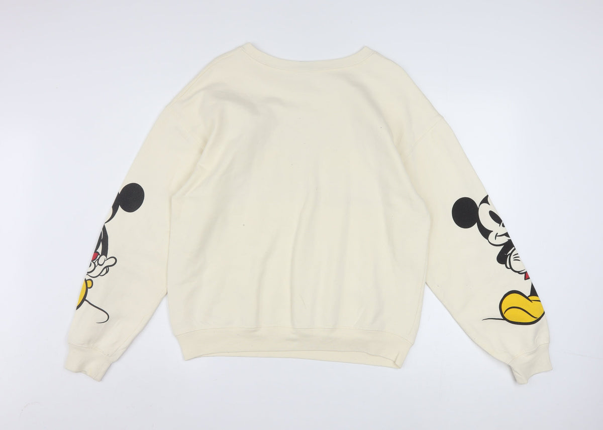 Close-up detail of Disney girls’ beige mickey and minnie sweatshirt l 11-13 years pullover