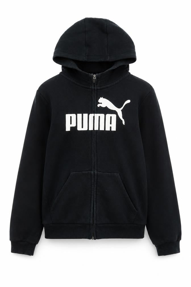 Front view of Puma boys’ black full zip hoodie 11-12 years fleece sweatshirt