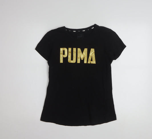 Puma Womens Black Gold Logo T-Shirt Small Short Sleeve Cotton