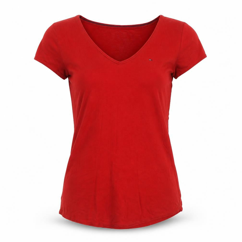 Tommy Jeans Women's Red V-Neck Cotton T-Shirt Size M
