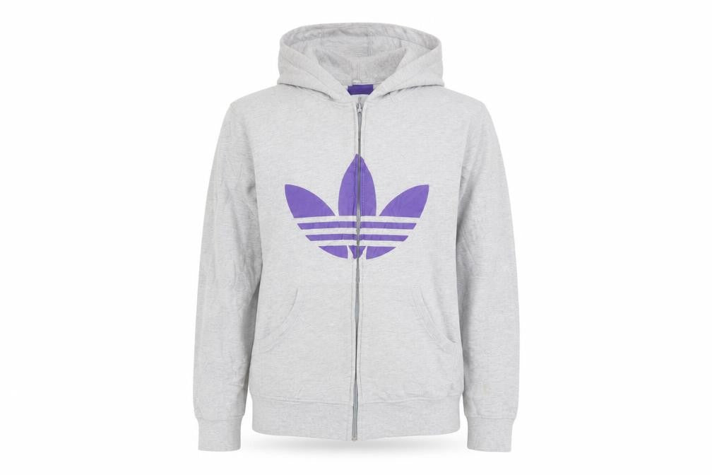 Front view of Adidas Women Grey Full Zip Hoodie with Purple Logo, size M