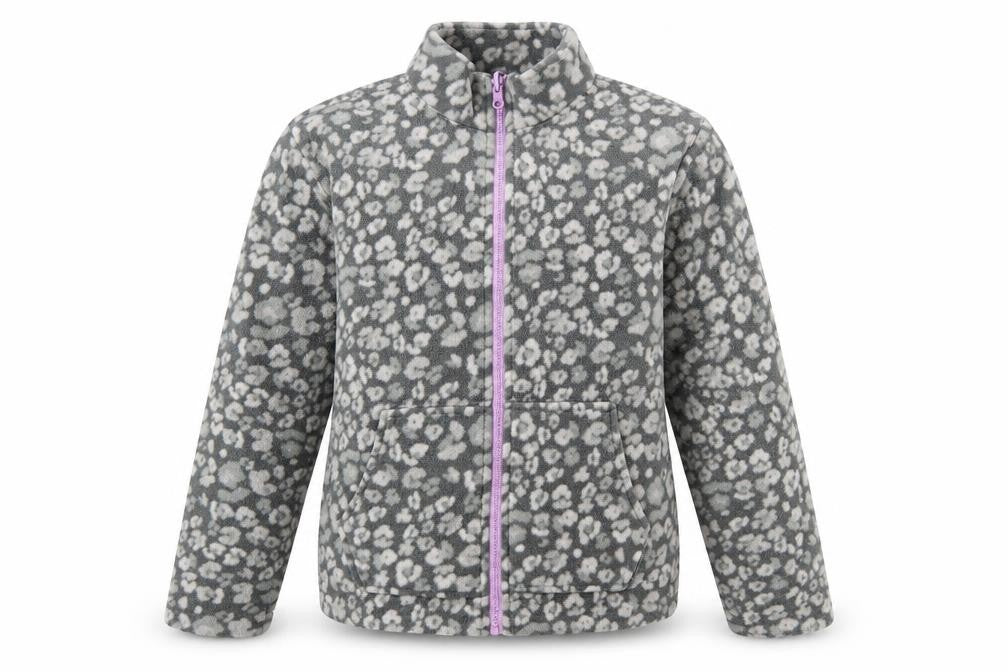 Front view of Eddie Bauer girls’ grey animal print fleece full zip jacket, size 14-15, years