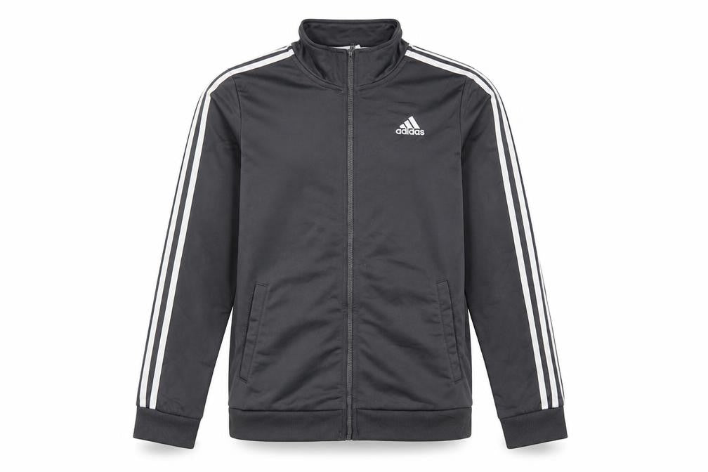 Front view of Adidas boys’ grey full zip sweatshirt 14-16 years logo collar sports top