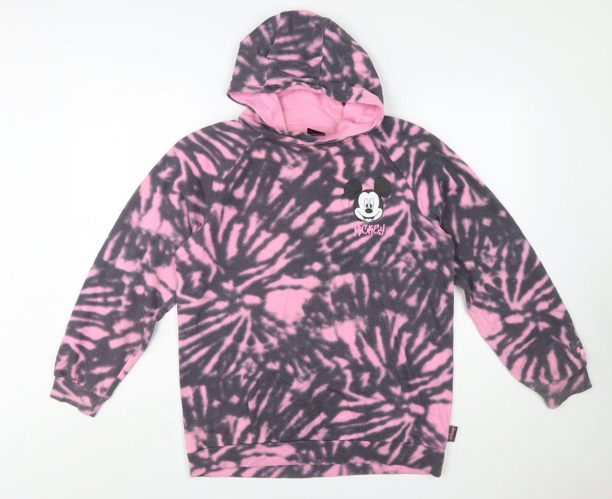 Front view of Disney at Primark girls’ pink tie dye mickey mouse fleece hoodie 13-14 years