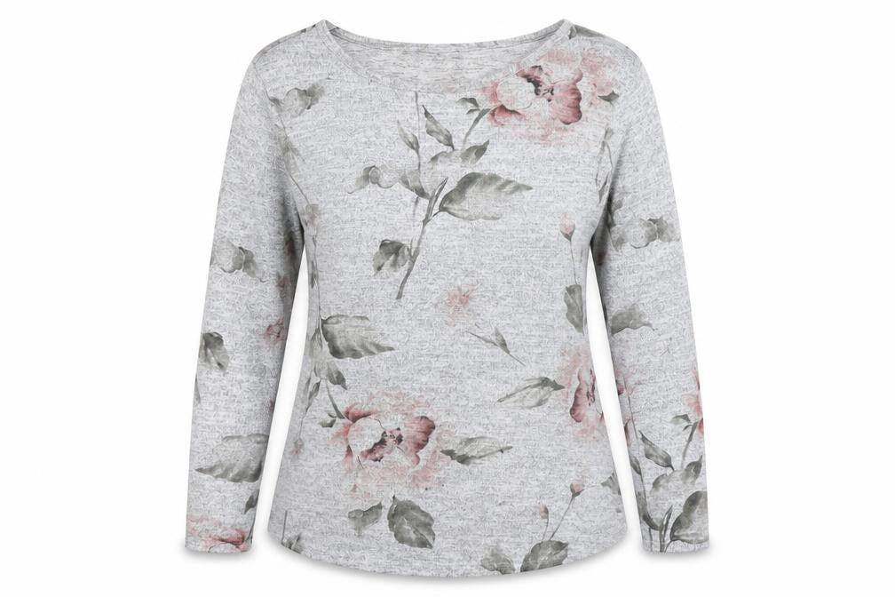Front view of Roman Women’s Grey Floral Jersey 3/4 Sleeve T-Shirt, size UK 12