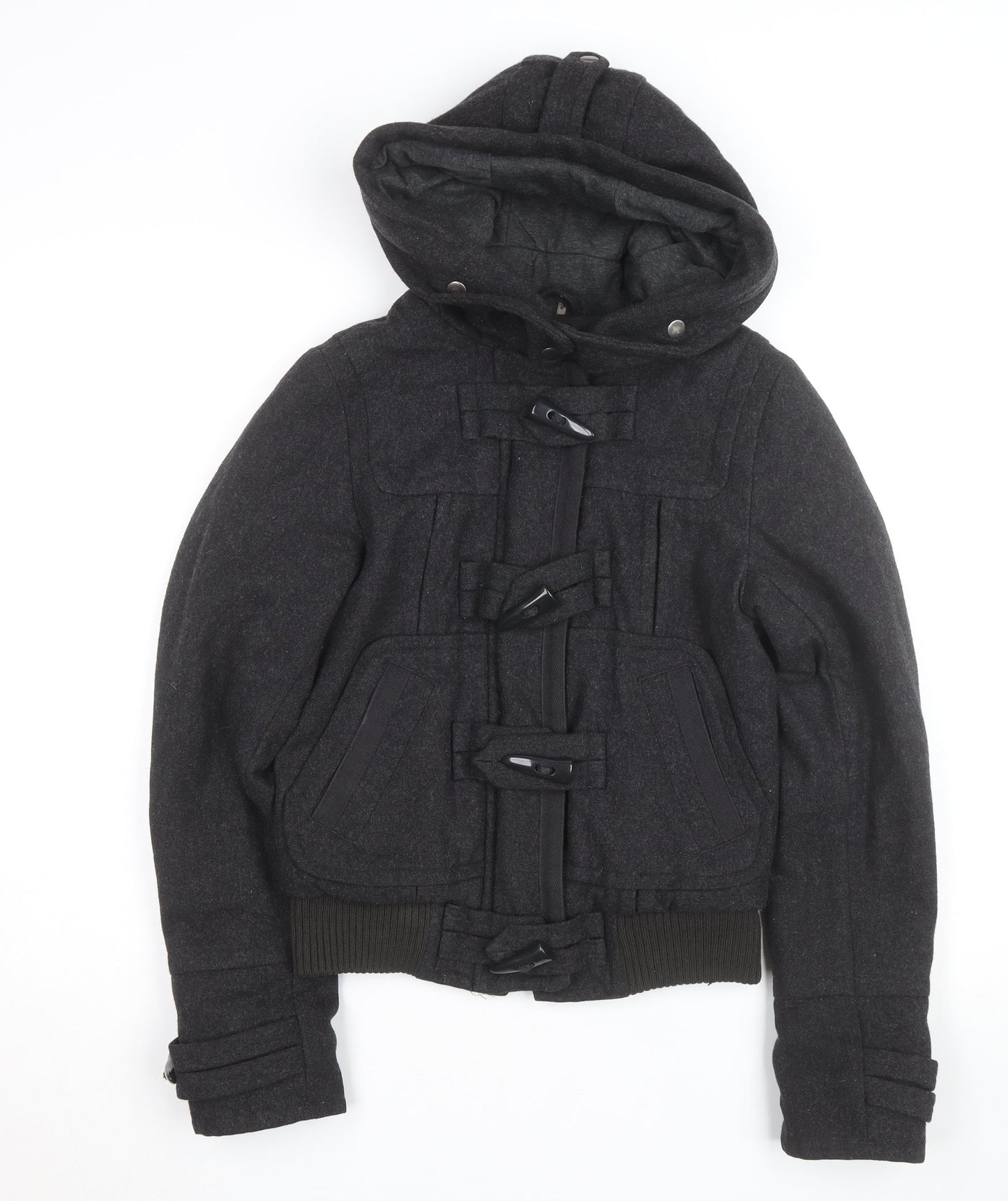 Topshop Women Black Wool Blend Duffle Hooded Jacket Size 6