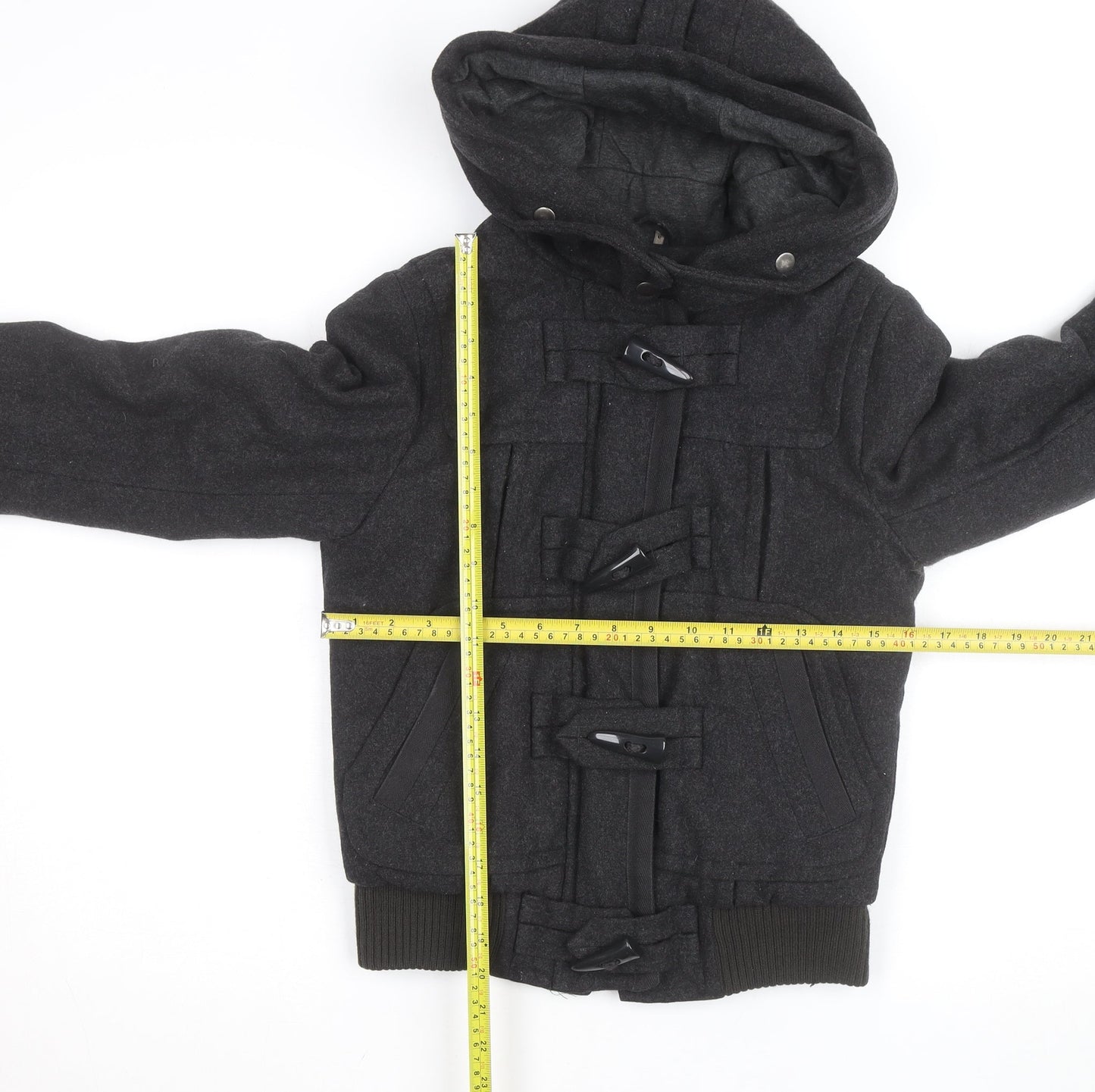 Topshop Women Black Wool Blend Duffle Hooded Jacket Size 6
