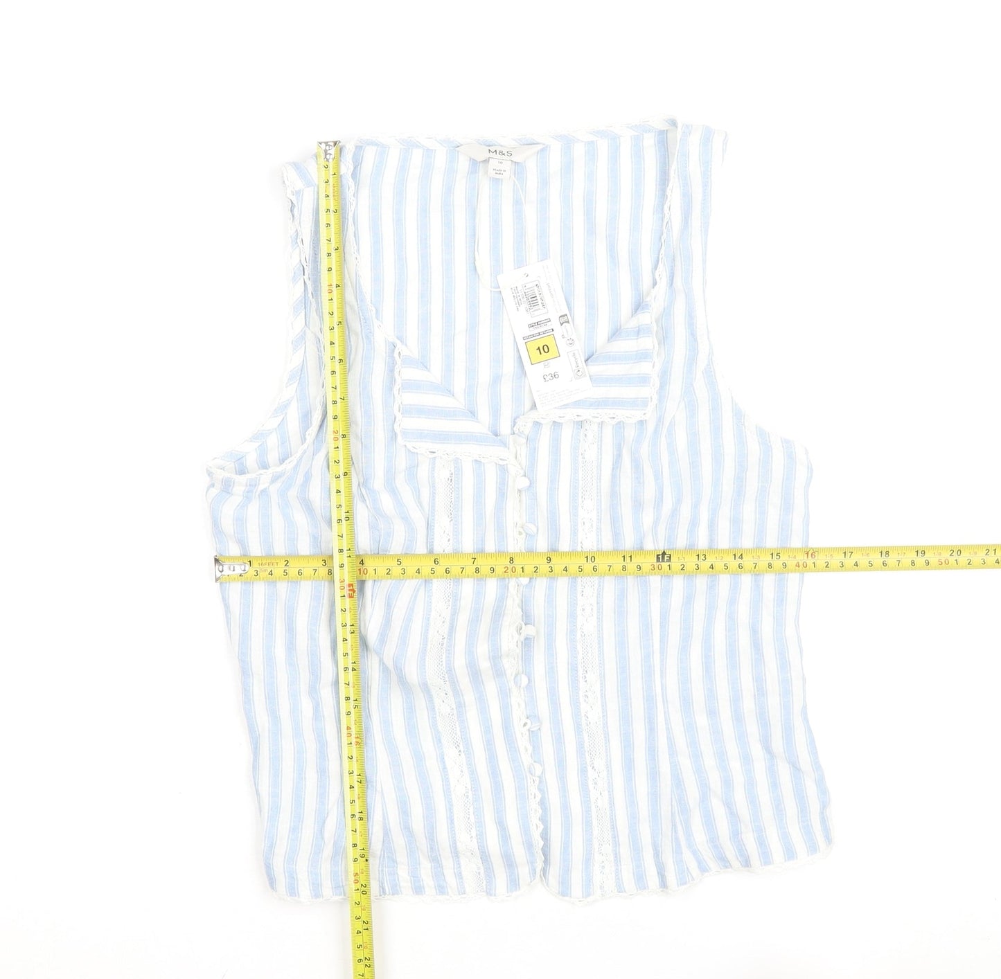 Marks and Spencer Womens Blue Striped Sleeveless Cotton Blend Blouse Size 10