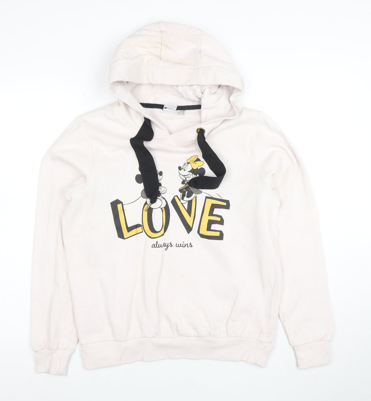 Front view of Disney Mickey Mouse Women's Beige Hoodie S Love Always Wins Graphic