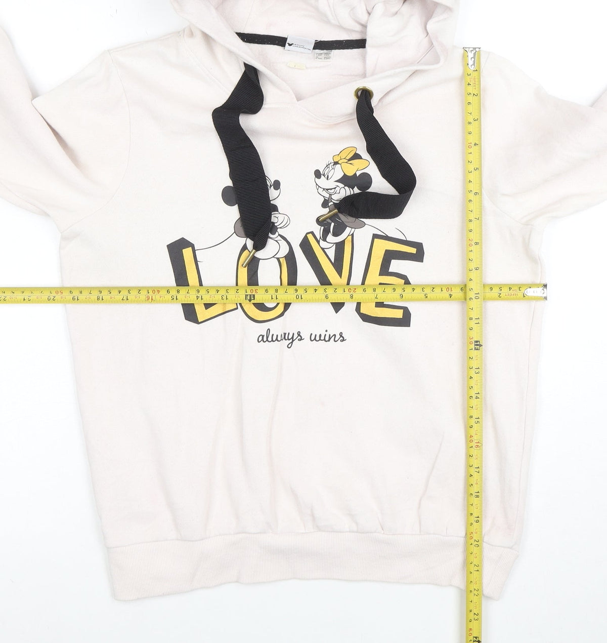 Back view of Disney Mickey Mouse Women's Beige Hoodie S Love Always Wins Graphic