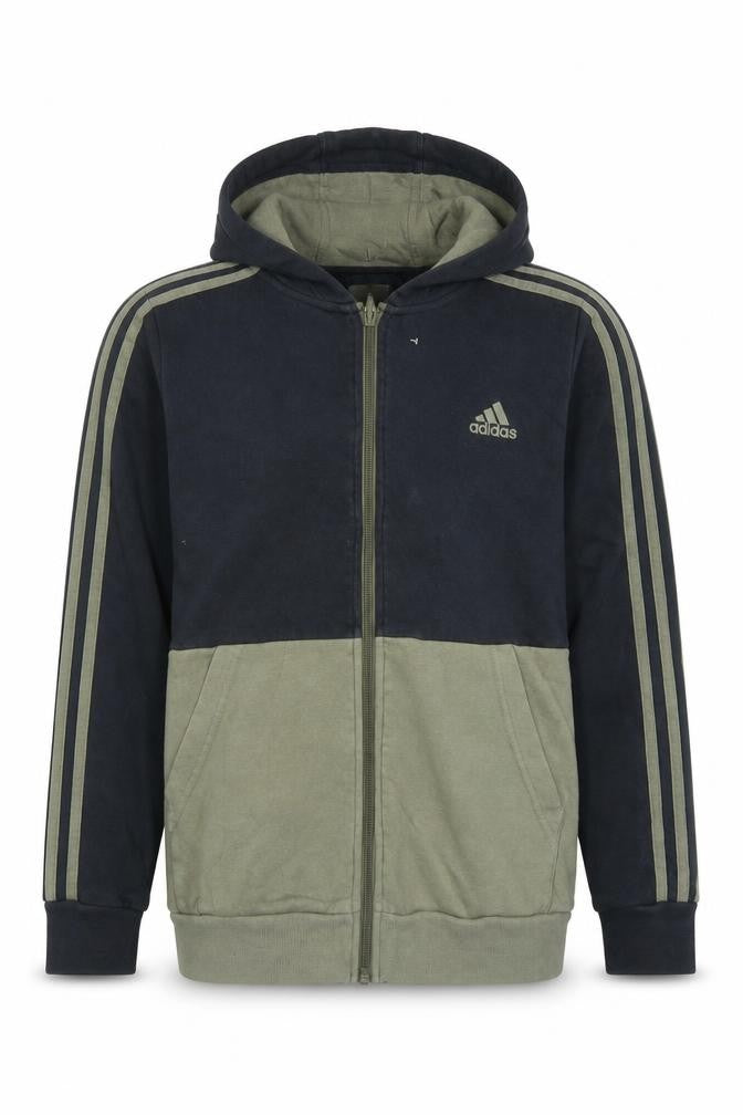 Front view of Adidas boys’ black green full zip hoodie, size 13-14, years cotton blend