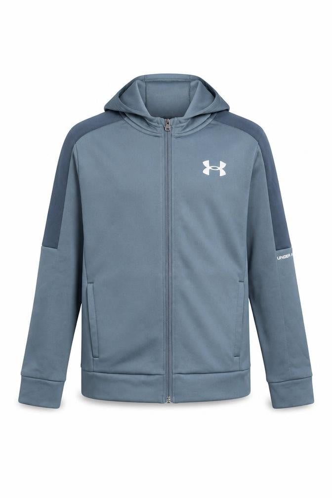 Front view of Under Armour boys’ blue full zip hoodie youth small polyester sportswear