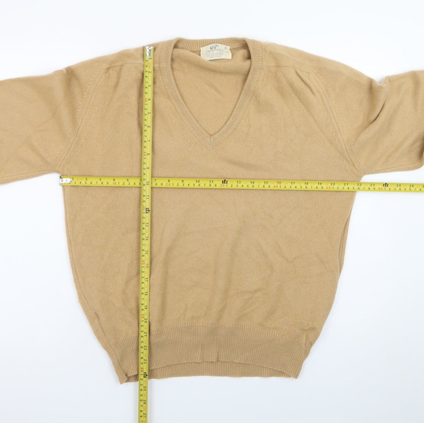 Lord Jeff Men's Beige Cashmere V-Neck Jumper Size L Classic Pullover