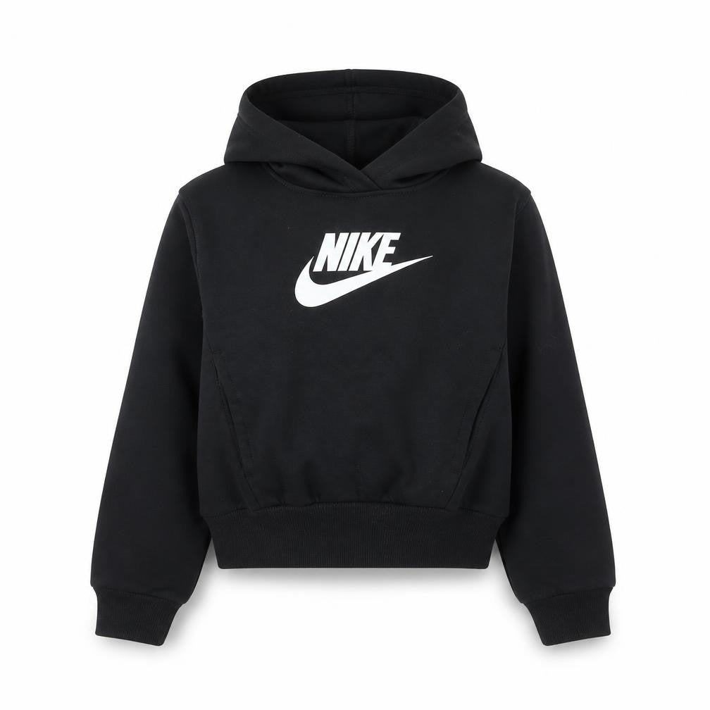Front view of Nike girls’ black pullover hoodie, size 7-8, years fleece logo sweatshirt