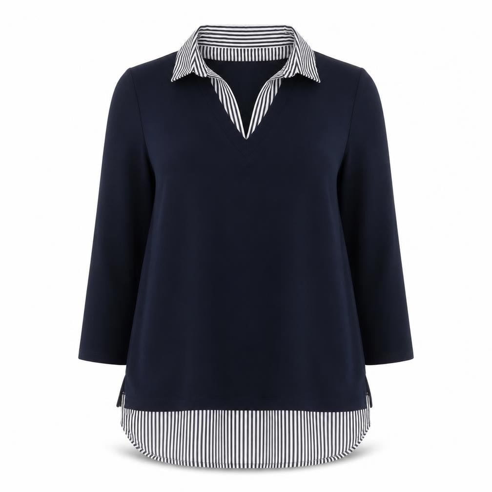 Adrianna Papell Women Blue Striped Collar Tunic Blouse Size S