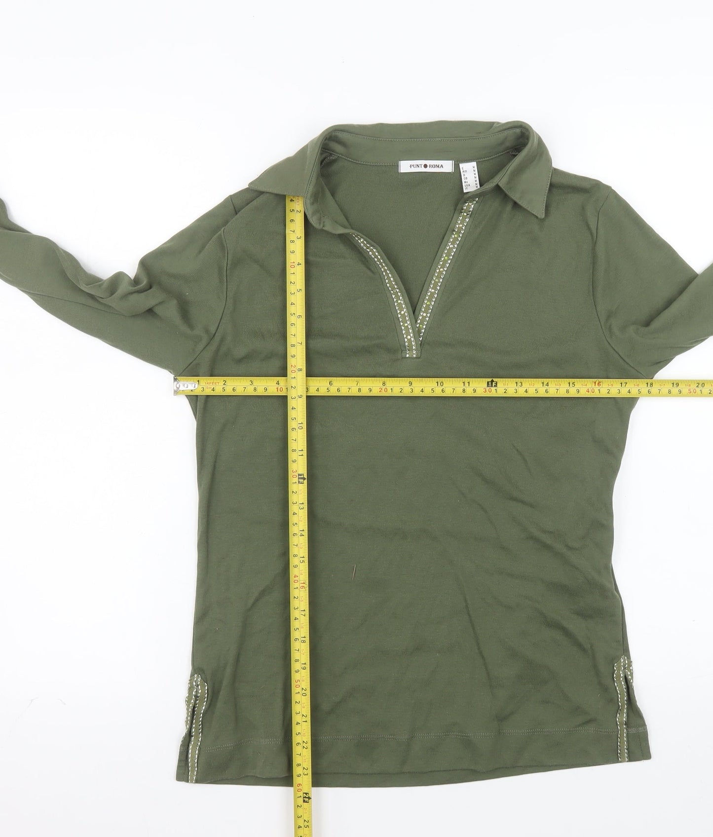 Punto Roma Women’s Green Collared Polo Top Size M Long Sleeve