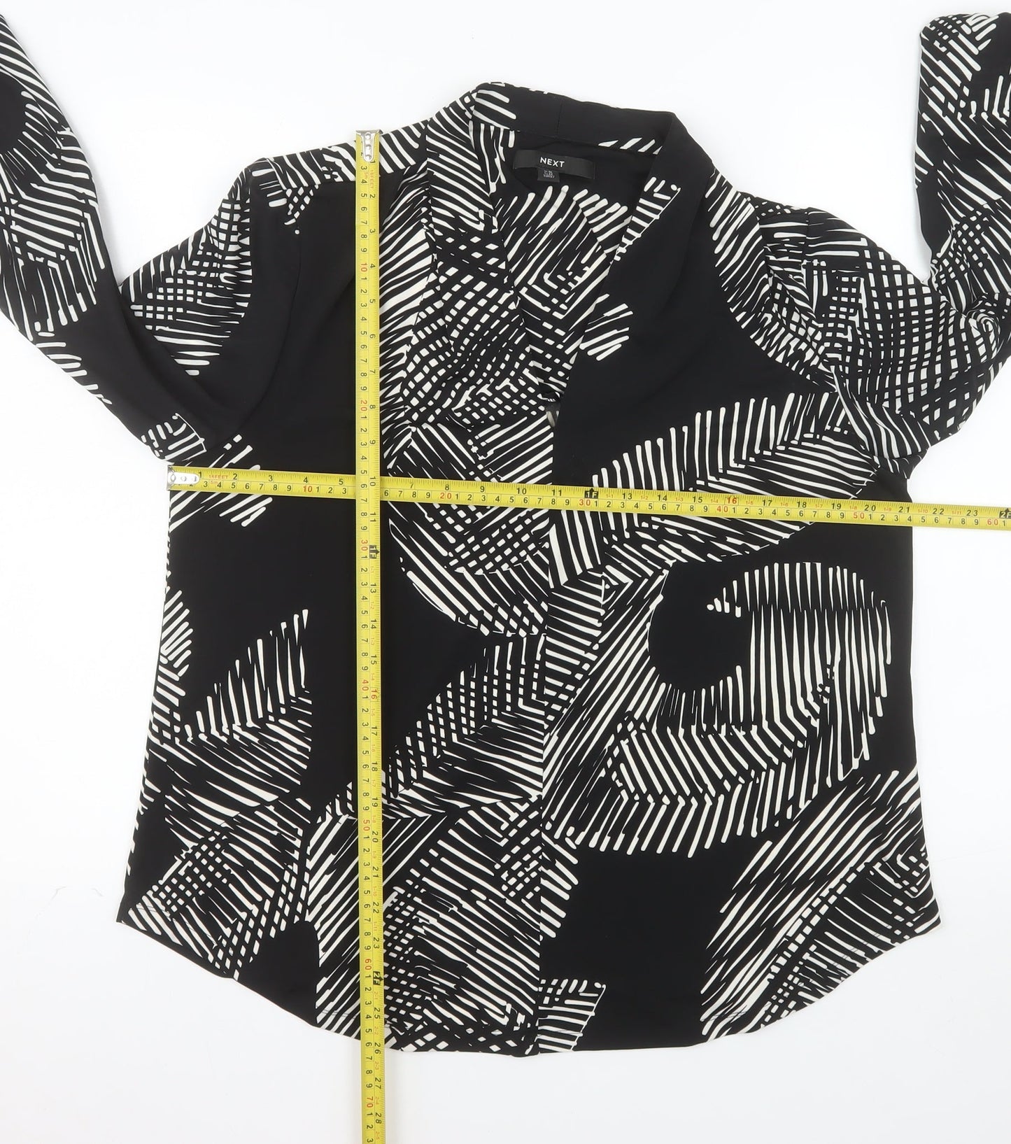 Next Womens Black White Geometric Jersey Blouse Size 16 Long Sleeve