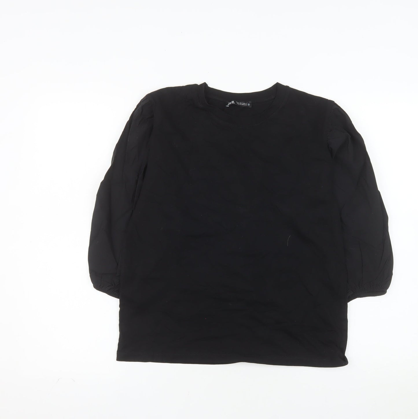 Zara Women Black Cotton Puff Sleeve Crew Neck Blouse Size S