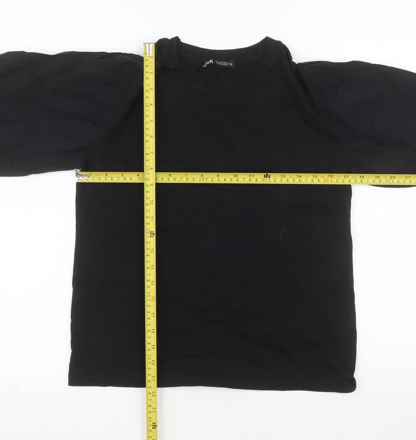 Zara Women Black Cotton Puff Sleeve Crew Neck Blouse Size S
