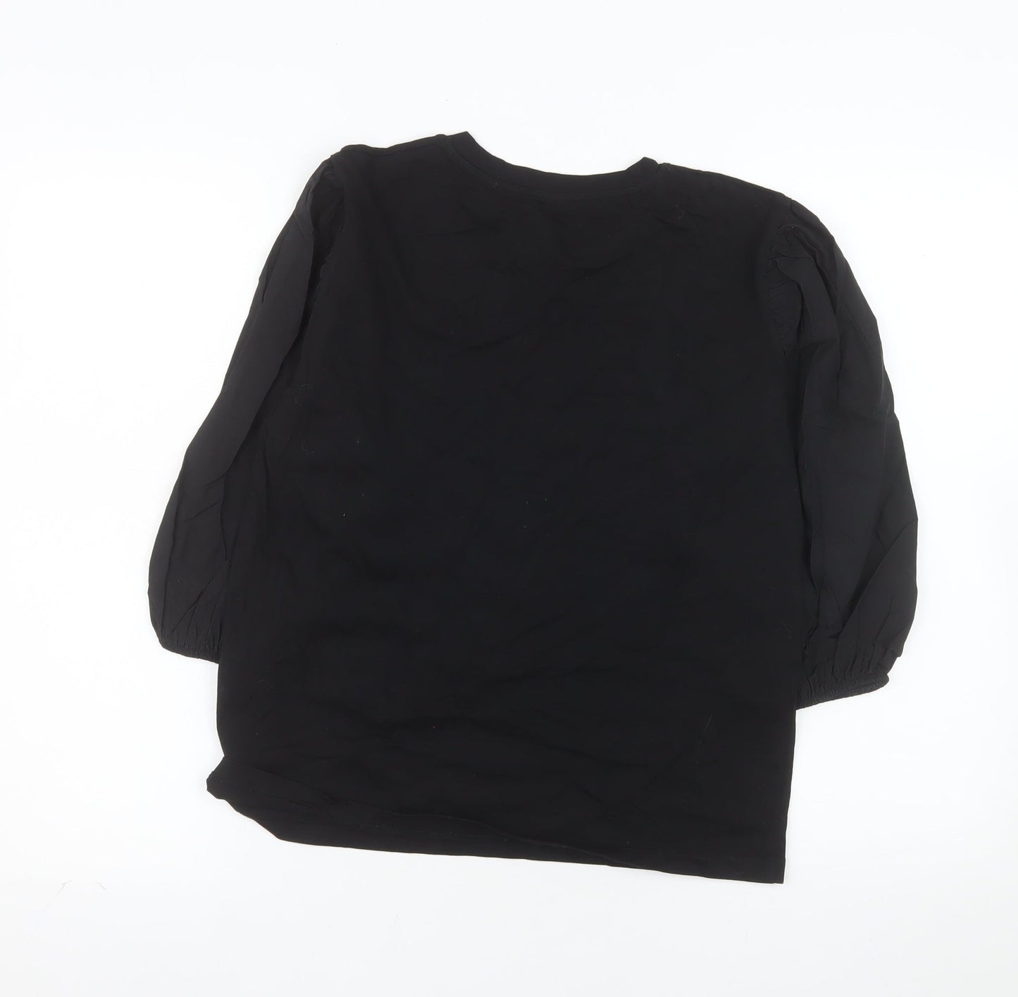 Zara Women Black Cotton Puff Sleeve Crew Neck Blouse Size S