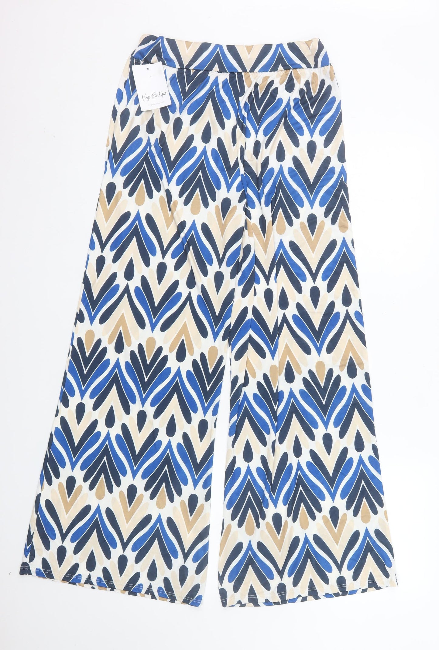 Virgo Boutique Womens Blue Geometric Wide-Leg Trousers One Size 10-14