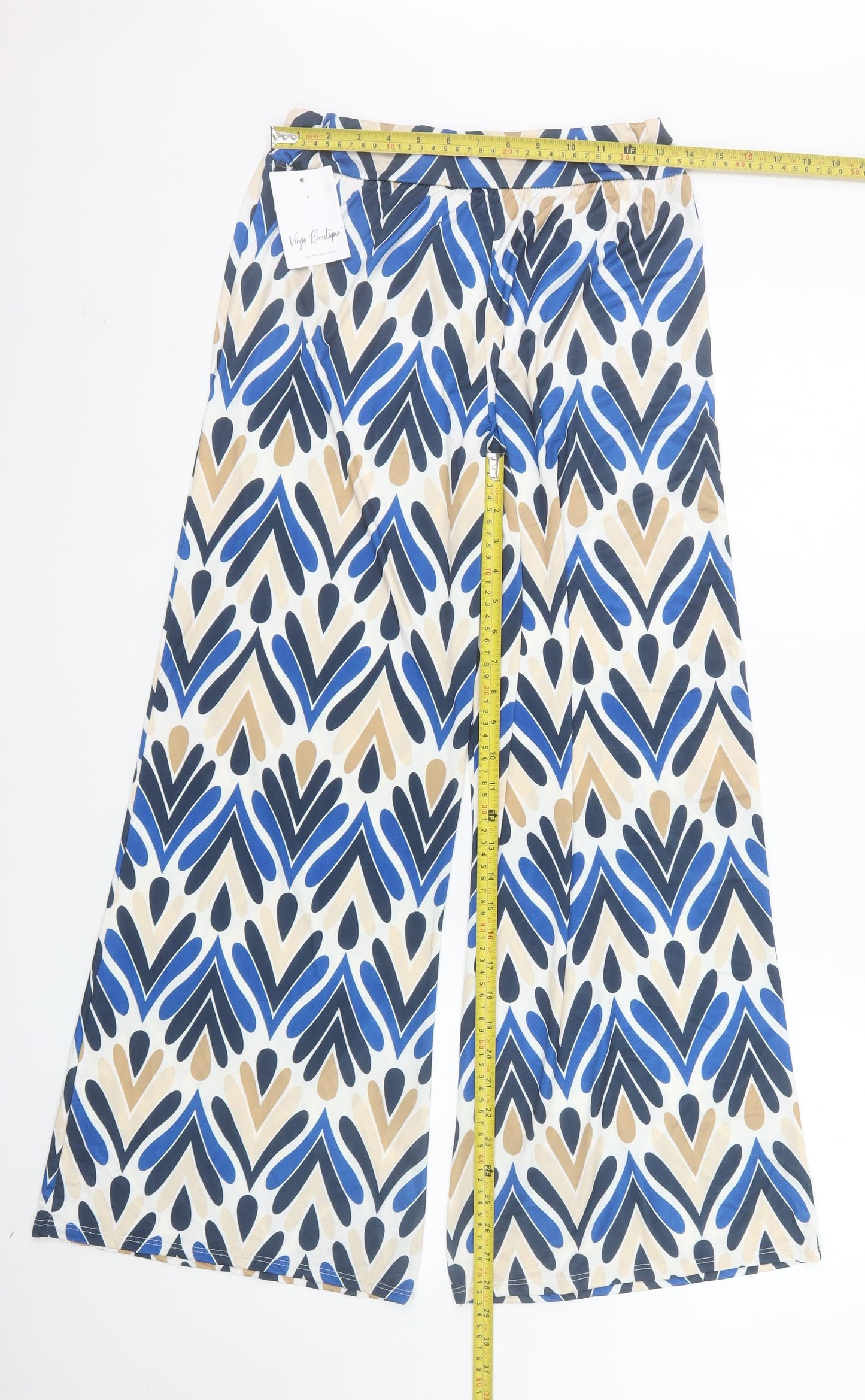 Virgo Boutique Womens Blue Geometric Wide-Leg Trousers One Size 10-14