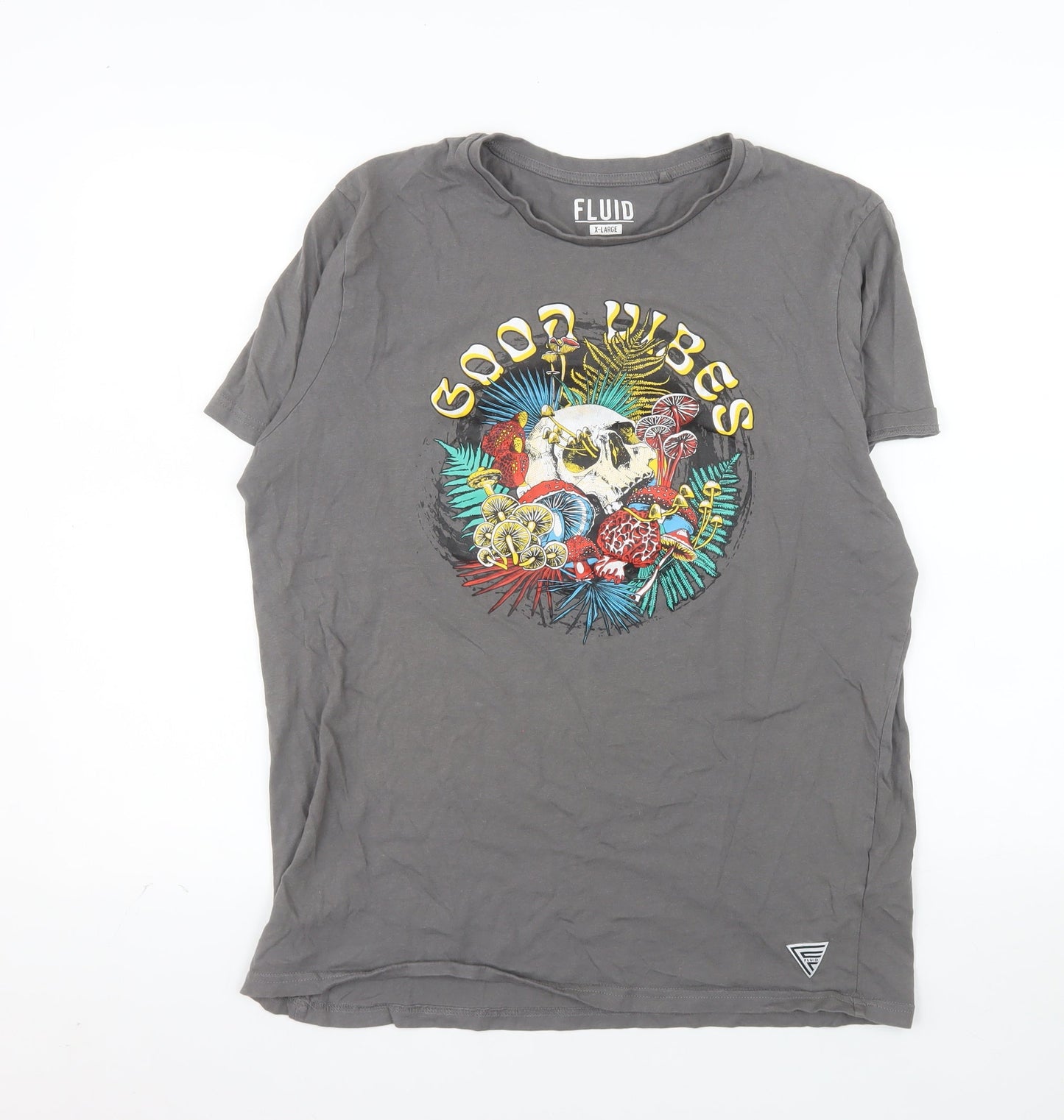 Fluid Mens Grey Good Vibes Skull Graphic Cotton T-Shirt XL