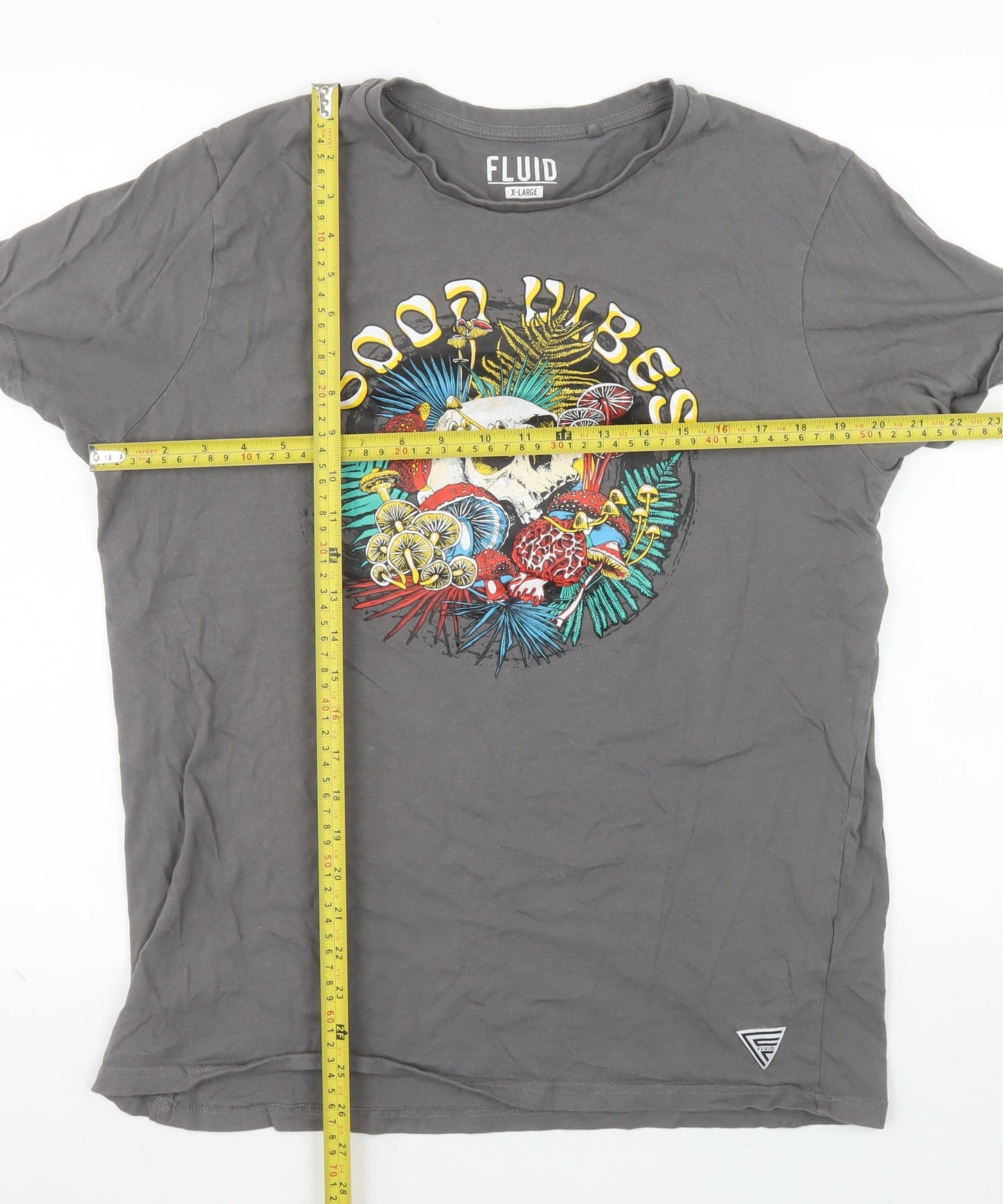 Fluid Mens Grey Good Vibes Skull Graphic Cotton T-Shirt XL