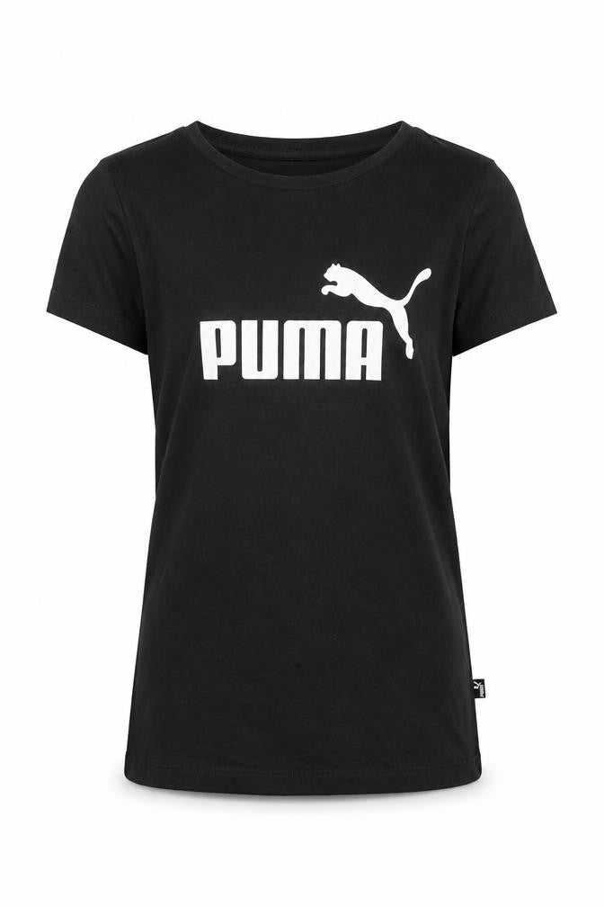 Front view of Puma girls’ black short sleeve crew neck logo t-shirt, size 11-12, years