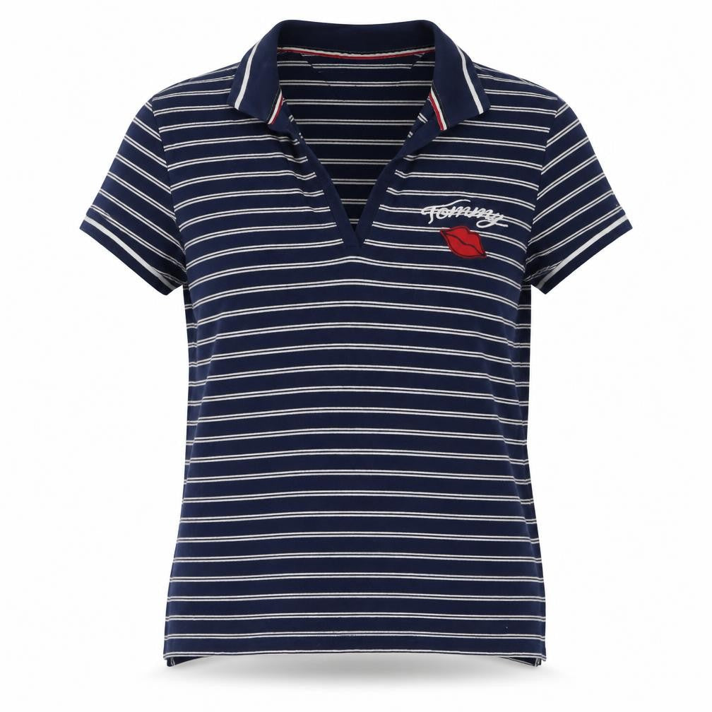Tommy Hilfiger Women Blue Striped Cotton Polo Shirt L