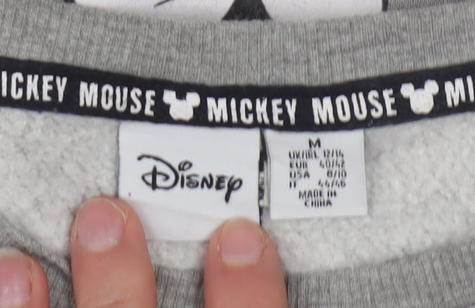 Brand and care label for Disney Women Grey Mickey Mouse Pullover Sweatshirt, size M, 12/14